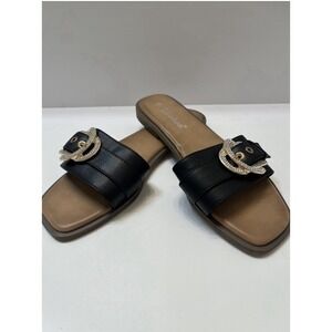 Weeboo Women's 9 Slip On Sandals Black Rhinestone Rose Gold Buckle